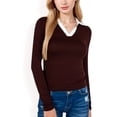 thumbnail image 1 of Women's Long Sleeve V-Neck Shirt with Contrast Collar - X Large, Brown, 1 of 7