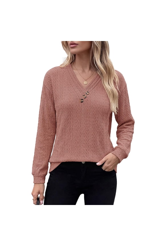 Women's Long Sleeve V Neck Shirts Textured Lightweight Tunic Sweaters Fall Casual Pullover Basic Blouses
