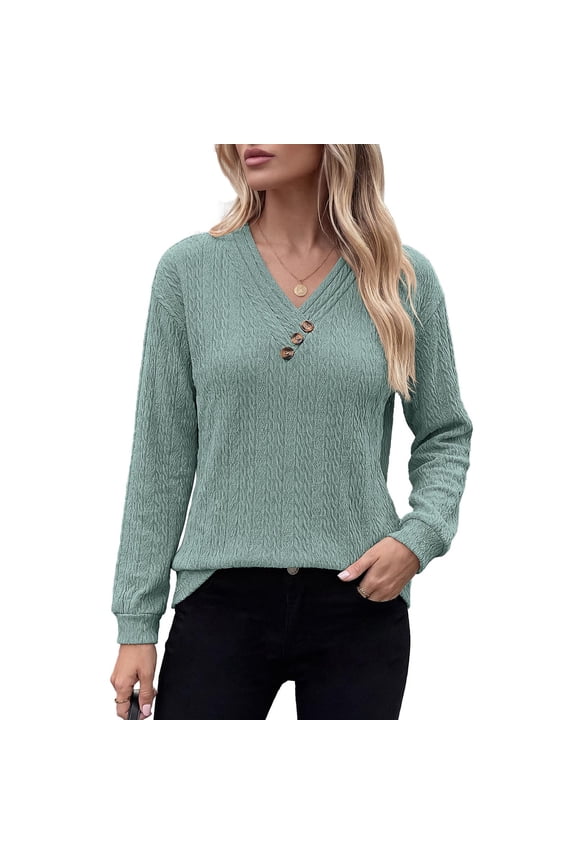 Women's Long Sleeve V Neck Shirts Textured Lightweight Tunic Sweaters Fall Casual Pullover Basic Blouses