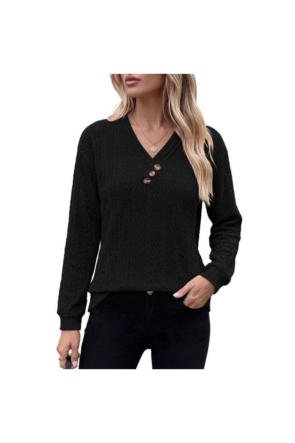 Women's Long Sleeve V Neck Shirts Textured Lightweight Tunic Sweaters Fall Casual Pullover Basic Blouses