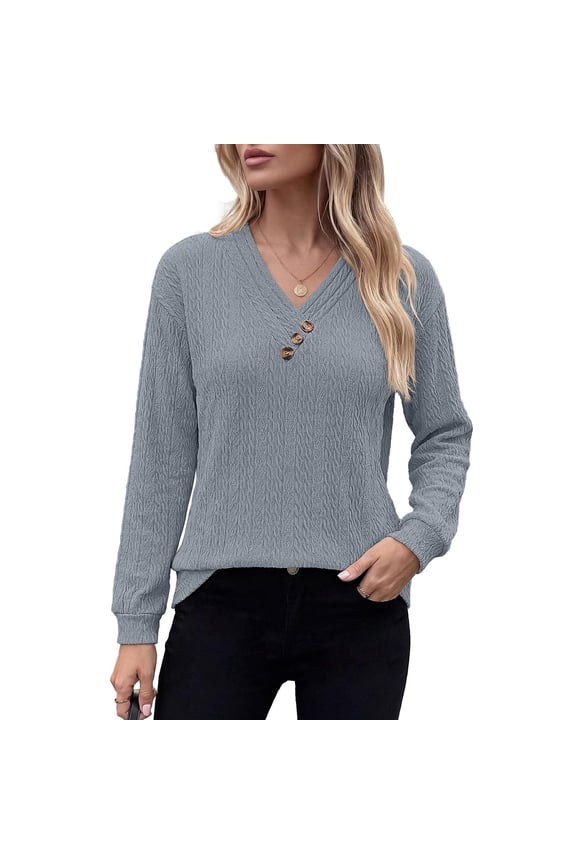 Women's Long Sleeve V Neck Shirts Textured Lightweight Tunic Sweaters Fall Casual Pullover Basic Blouses