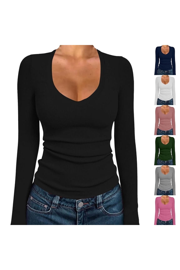 Women's Long Sleeve , V-Neck Sleeves Slim Fit Tight Basic Tees Fashion Tops Ribbed Slim Solid Color Basic Blouses White,Size 2XL