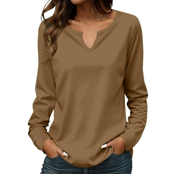 Women's Long Sleeve V Neck Solid Color Top, Casual Fashion Tunic Blouse with Lightweight Breathable Cotton Blend Fabric for Daily Wear, Work, Office, Vacation Blackish Green L