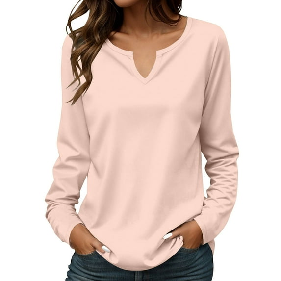 Women's Long Sleeve V Neck Solid Color Top, Casual Fashion Tunic Blouse with Lightweight Breathable Cotton Blend Fabric for Daily Wear, Work, Office, Vacation Pink XL
