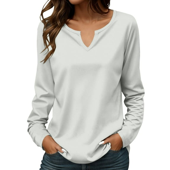 Women's Long Sleeve V Neck Solid Color Top, Casual Fashion Tunic Blouse with Lightweight Breathable Cotton Blend Fabric for Daily Wear, Work, Office, Vacation White XL
