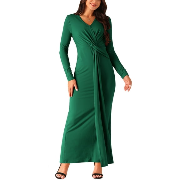 INSPIRE CHIC Women's Long Sleeve V Neck Split Hem Bodycon Maxi Cocktail Party Dress Deep Green S