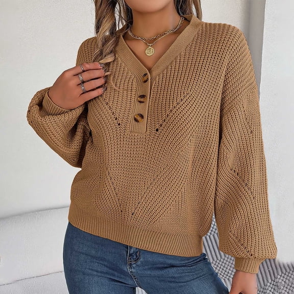 Women's Long Sleeve V Neck Sweaters Pullover Loose Women Khaki Sweater Soft Womens Cozy Sweaters
