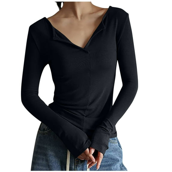 Women's Long Sleeve V Neck T-Shirt Basic Solid Color Slim Fit Tops Lightweight Undershirt Casual Going Out Underscrub
