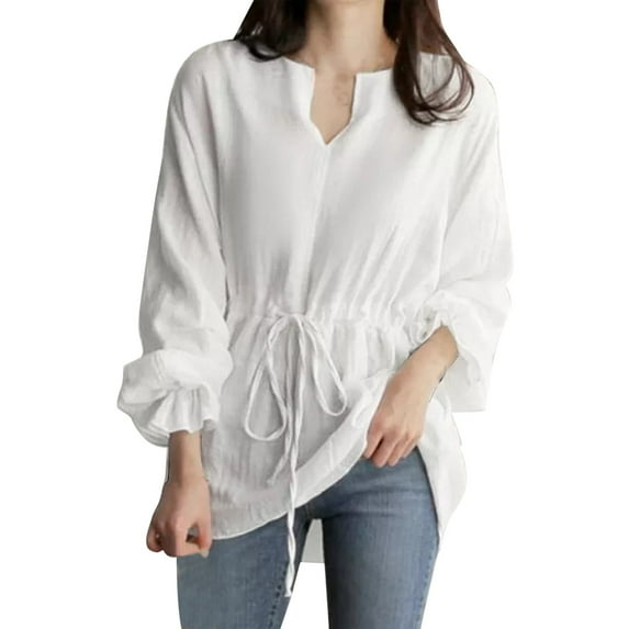 Women's Long Sleeve V Neck T-Shirt Solid Color Casual Drawstring Waist Top Comfortable Stretchy Blouse Fashion Tee