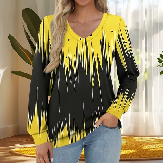 Women's Long Sleeve V-Neck T-Shirt Striped/Printed Loose Fit Top Soft Breathable Casual Blouse for Fall 2025 Fashion Essentials