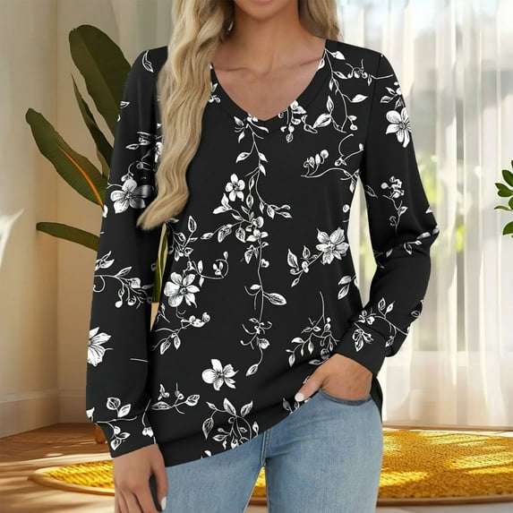 Women's Long Sleeve V-Neck T-Shirt Striped/Printed Loose Fit Top Soft Breathable Casual Blouse for Fall 2025 Fashion Essentials