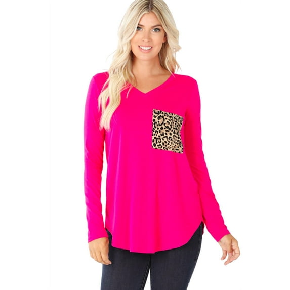 Women's Long Sleeve V Neck Top With Leopard Print Pocket