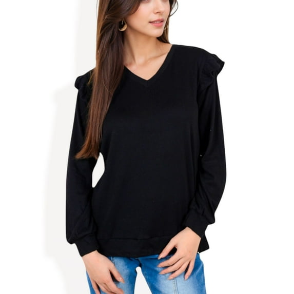 Women's Long Sleeve V-Neck Top with Ruffled Shoulder Detail - Medium, Black