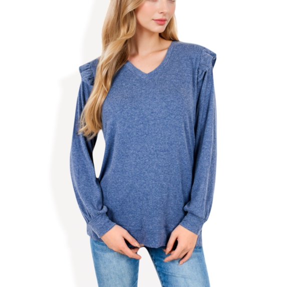 Women's Long Sleeve V-Neck Top with Ruffled Shoulder Detail - Small, Blue