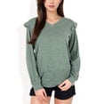thumbnail image 1 of Women's Long Sleeve V-Neck Top with Ruffled Shoulder Detail - Small, Dark Olive, 1 of 7