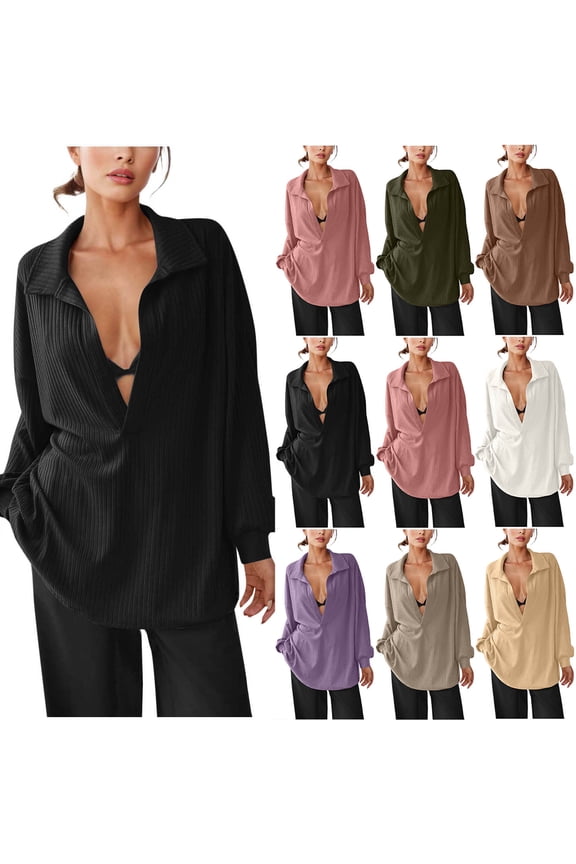 Women's Long Sleeve V Neck Turndown Collar Tops Shirts Blouses Solid Color Casual Business Work Office Vacation Outfits Fashion Essential Gift for Ladies | Sopatenor,Pink XL