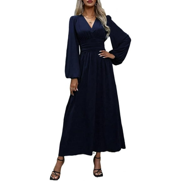 Women's Long Sleeve V Neck Wrap Maxi Dress with Slit Formal Fall Wedding Guest Cocktail Party Dress