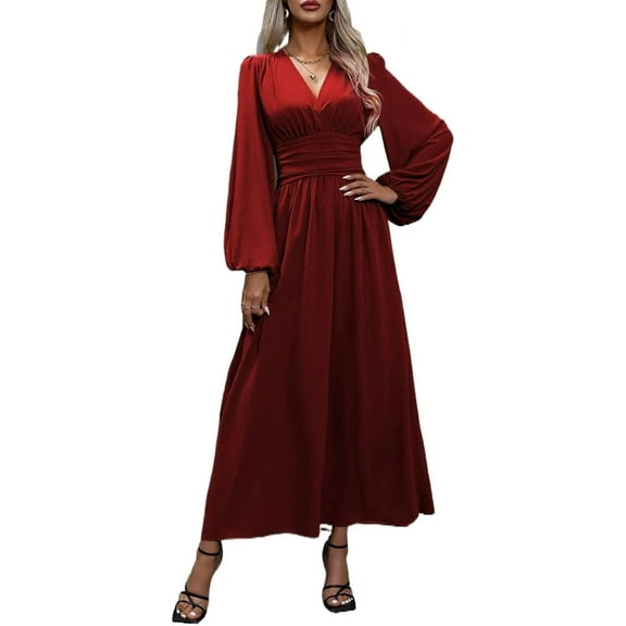 Women's Long Sleeve V Neck Wrap Maxi Dress with Slit Formal Fall Wedding Guest Cocktail Party Dress