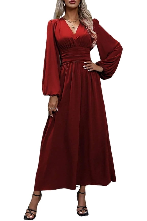 Women's Long Sleeve V Neck Wrap Maxi Dress with Slit Formal Fall Wedding Guest Cocktail Party Dress