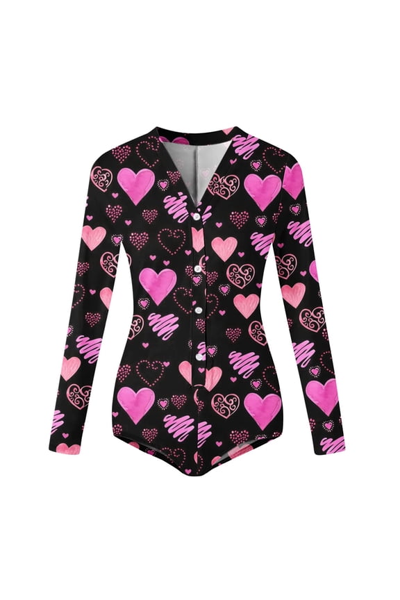Women’s Long Sleeve Valentine Day Jumpsuit Bodycon V Neck Heart Lip Print Button Down Short Romper Indoor Sleepwear