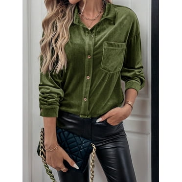Women's Long Sleeve Velvet Button-Up Shirt with Chest Pocket - Large, Olive Green