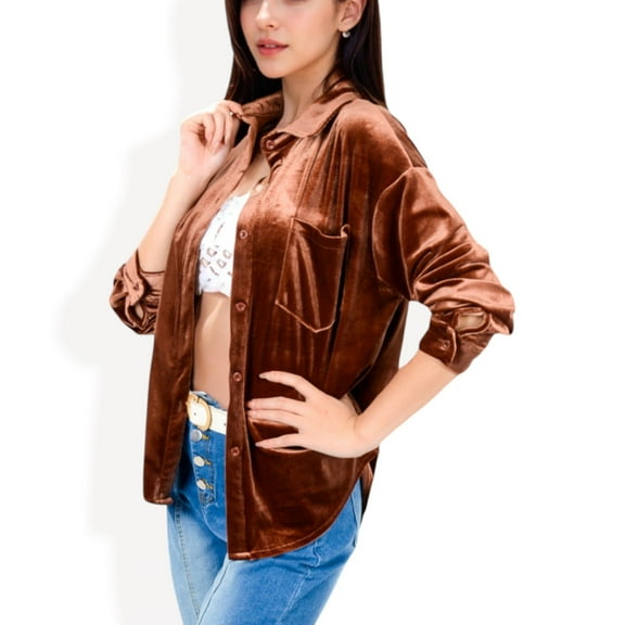 Women's Long Sleeve Velvet Button-Up Shirt with Chest Pocket - Medium, Brown