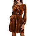 thumbnail image 1 of Women's Long Sleeve Velvet Dress Round Collar Bow Detail Pockets Knee-Length Elegant Casual Temperament Daily Party Fashion Wear Gold M, 1 of 7