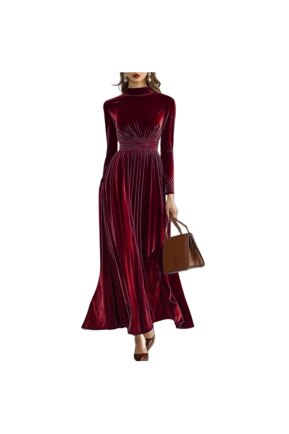 Women's Long Sleeve Velvet Maxi Dress High Neck Ruched Waist A Line Flowy Formal Dress for Wedding Guest Evening Party Prom Elegant Vintage Style Available, Sizes XS-2XL
