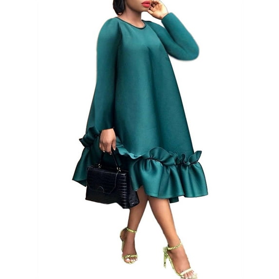 Women's Long Sleeve Vintage Ruffle Hem Dress Casual Loose Autumn Holiday Dress
