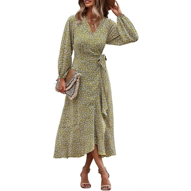 Women s Long Sleeve Vintage Wrap Dress Floral Print V Neck Maxi Dresses with Belt