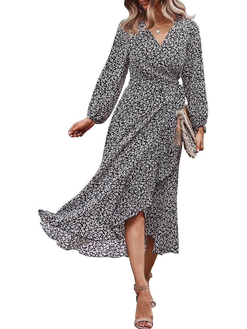 Women's Long Sleeve Vintage Wrap Dress Floral Print V-Neck Maxi Dresses  with Belt - Walmart.com