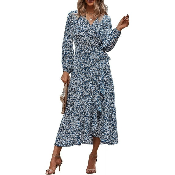 Women's Long Sleeve Vintage Wrap Dress Floral Print V-Neck Maxi Dresses with Belt