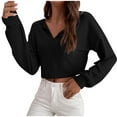 thumbnail image 1 of Women's Long Sleeve Waffle Knit Cropped Tops V Neck Tunic Shirts Pullover Trendy Solid Y2K Blouses Black,L, 1 of 6
