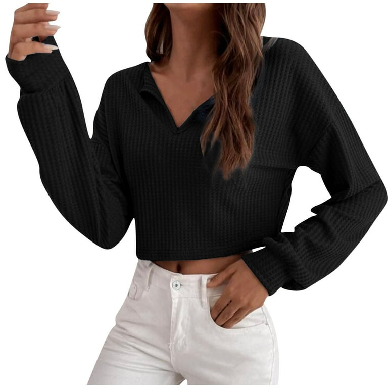 Women's Long Sleeve Waffle Knit Cropped Tops V Neck Tunic