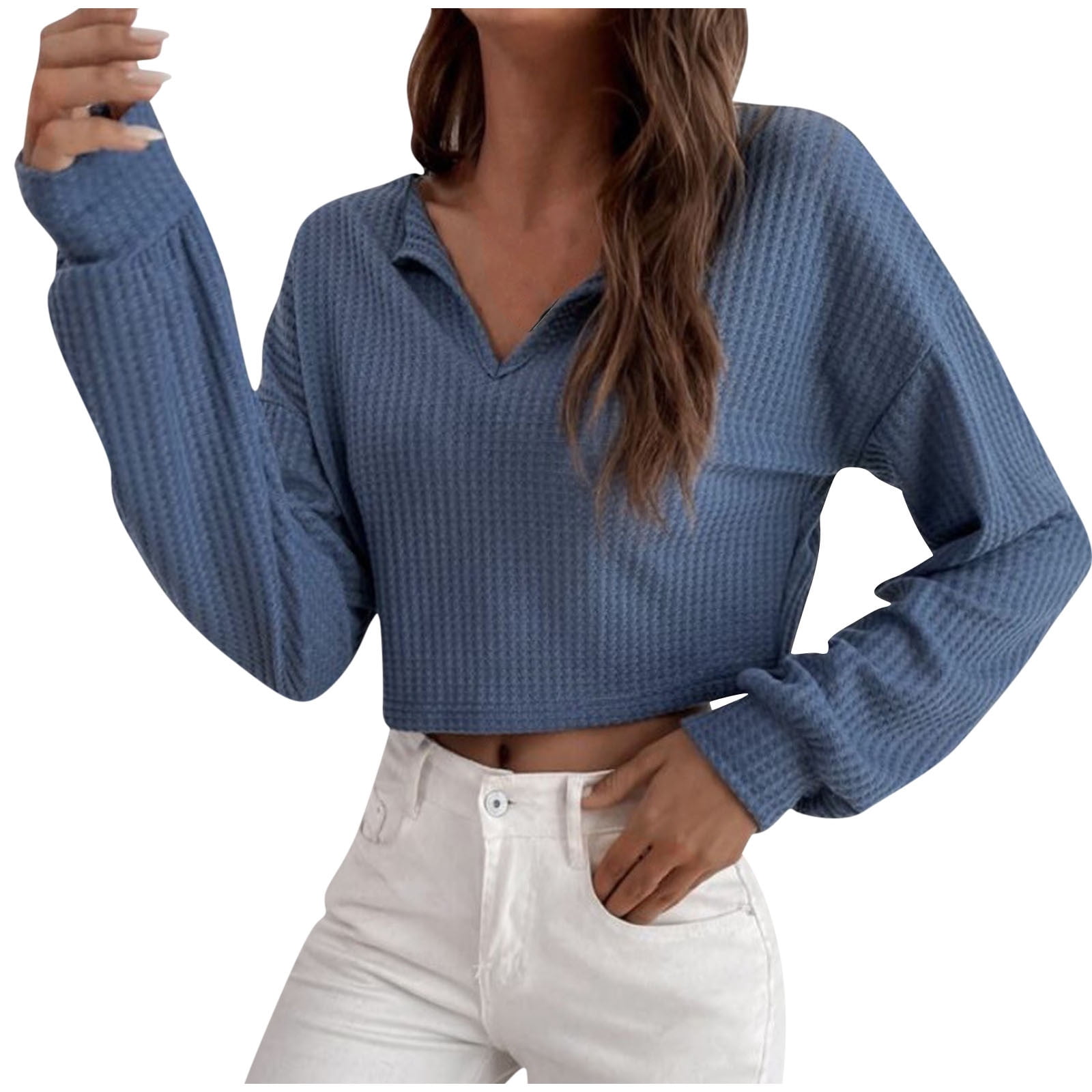 Women's Long Sleeve Waffle Knit Cropped Tops V Neck Tunic Shirts