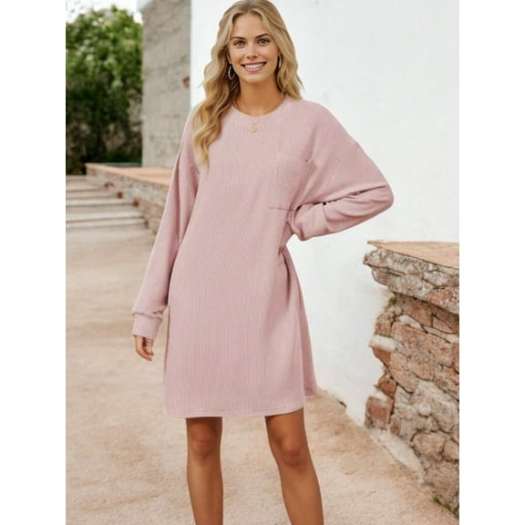 Women's Long Sleeve Waffle Knit Oversized Tunic Dress with Front Pocket- Medium, Pink