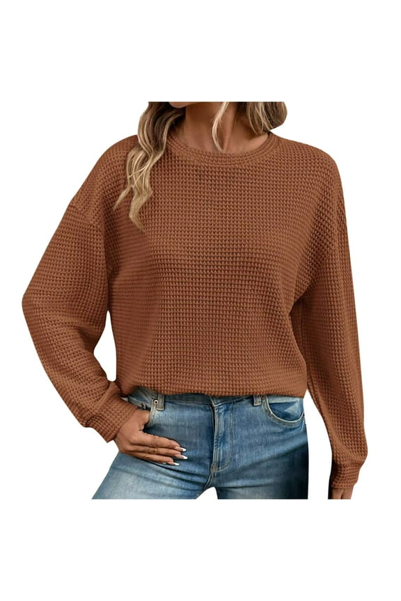 Women's Long Sleeve Waffles Knit Sweater Fall Crew Neck Solid Color Pullover Shirts Tops Tshirts Shirts for Women S-132 Coffee XL