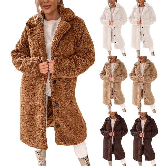 Women's Long Sleeve Warm Plush Jacket with Lapel for Casual Wear, Winter Fashion, and Holiday Parties,Coffee,S
