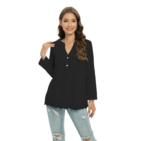 Women’s Long Sleeve Wavy T Shirts Button Down Slim Fit Blouse V-neck Openwork Rayon Embroidered Crochet Hollow Out Tunic Tops,S-2XL