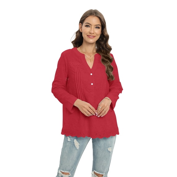 Women’s Long Sleeve Wavy T Shirts Button Down Slim Fit Blouse V-neck Openwork Rayon Embroidered Crochet Hollow Out Tunic Tops,S-2XL