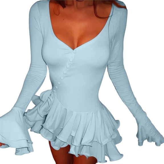 Women's Long Sleeve Wedding Guest Dresses Sexy Deep V Neck Flare Ruffle Bodycon Dress Blue S