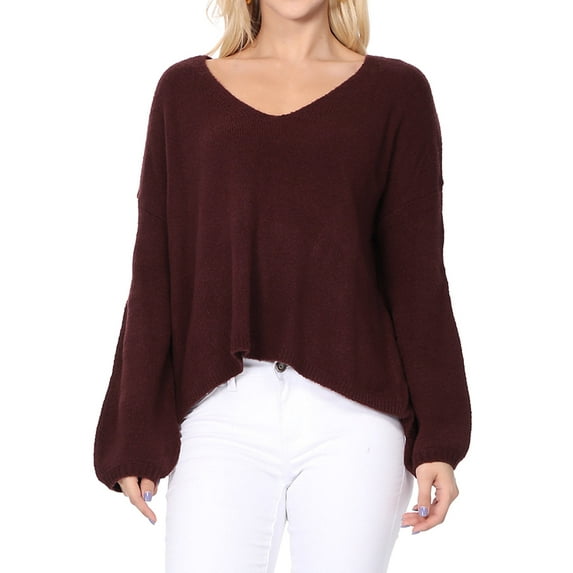 Women's Long Sleeve Wide V-Neck with Side Slit Oversize Pullover Sweater MK8219-BUR-M-BD