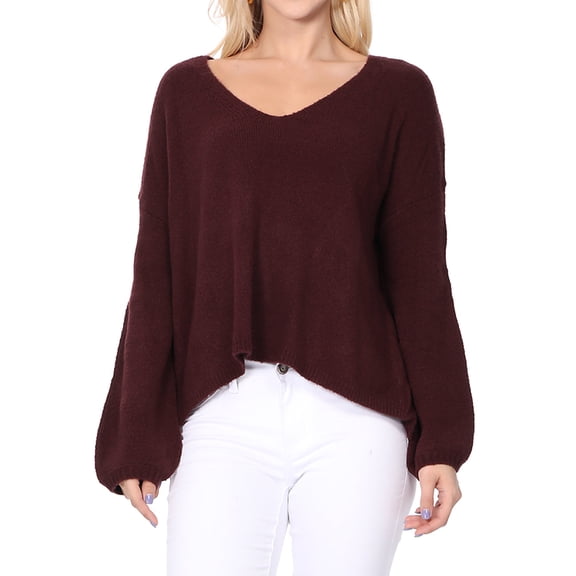 Women's Long Sleeve Wide V-Neck with Side Slit Oversize Pullover Sweater MK8219-BUR-M-BD