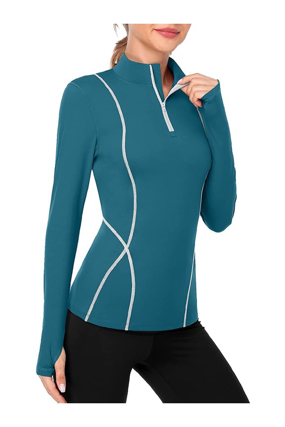 Women's Long Sleeve Workout Tops Zip Thumb Hole Athletic Running Sweatshirt Rash Guard Pullover