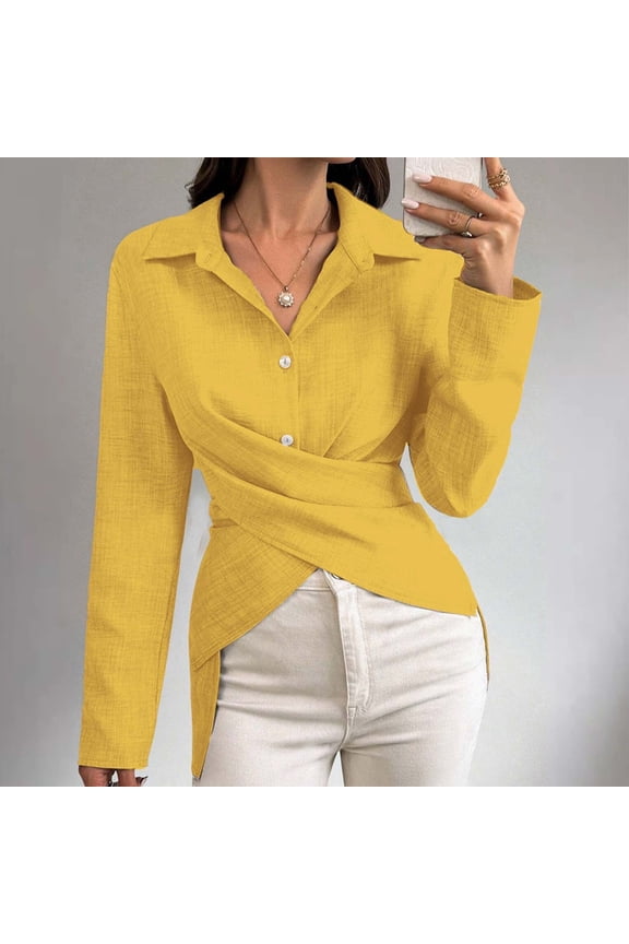 Women's Long Sleeve Wrap Blouse Collared Dressy Casual Asymmetrical Shirt Tops Yellow M