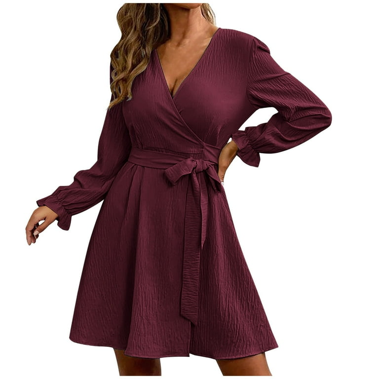 Women's Long Sleeve Wrap V Neck Dress Tie Waist Solid Color Casual