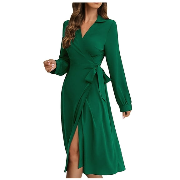 Women's Long Sleeve Wrap V Neck Tie Waist Side Split Slim Fit Prom Dress Wedding Party Midi Dresses Green,M