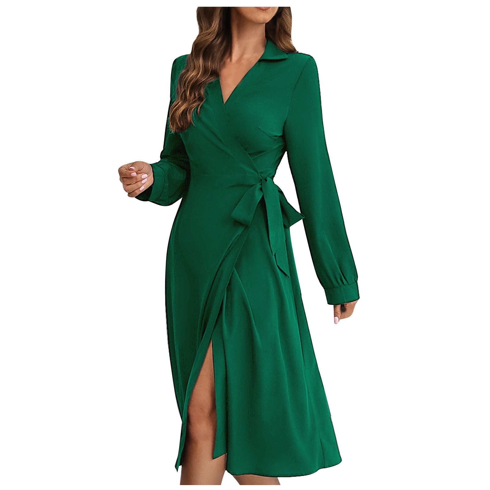 Women's Long Sleeve Wrap V Neck Tie Waist Side Split Slim Fit Prom Dress  Wedding Party Midi Dresses Green,S - Walmart.com