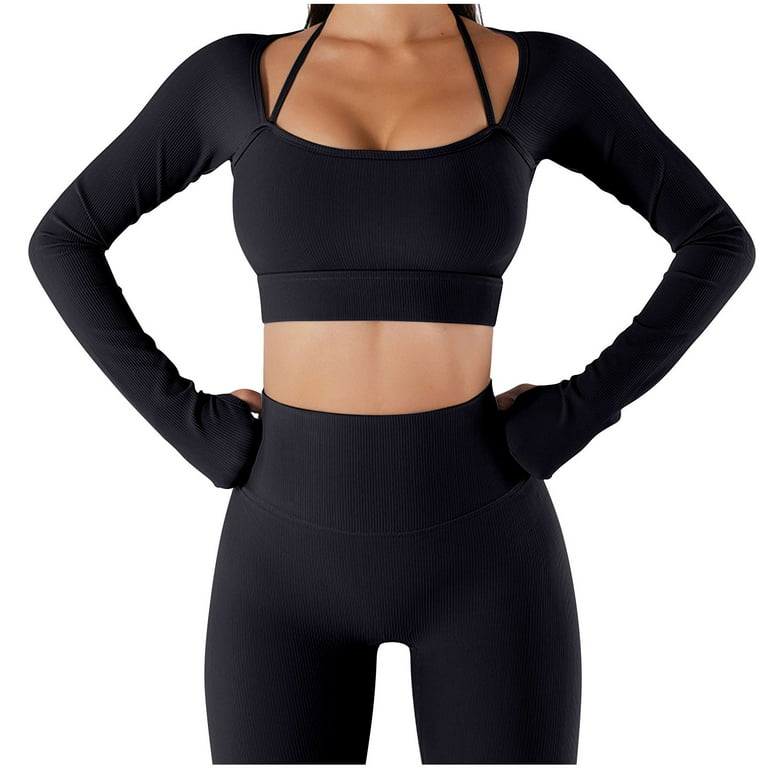 Women's Long Sleeve Yoga Crop Tops Scoop Neck Slim Fit Quick Dry Workout  Shirts Solid Color Lightweight Breathable Athletic Gym Tops 