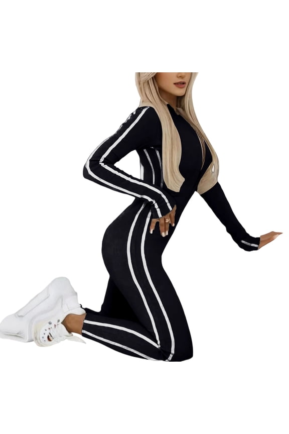 Women's Long Sleeve Zip Front Bodycon Jumpsuit Athletic Slim Fit Tracksuit